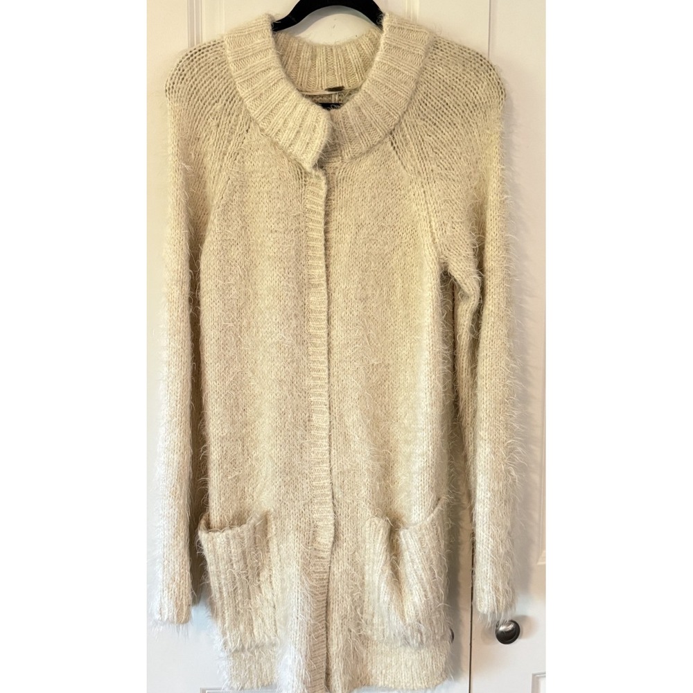 Free People Keep It Fuzzy Cardigan Sweater Cream Ivory Knit Longline Pockets M